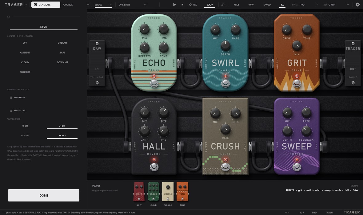 The FX page: six pedals on a pedalboard - echo, swirl (chorus), grit (drive), hall, crush (lo-fi) and sweep (phaser) - patched with cables from TRACER into the DAW, four more on the shelf below.